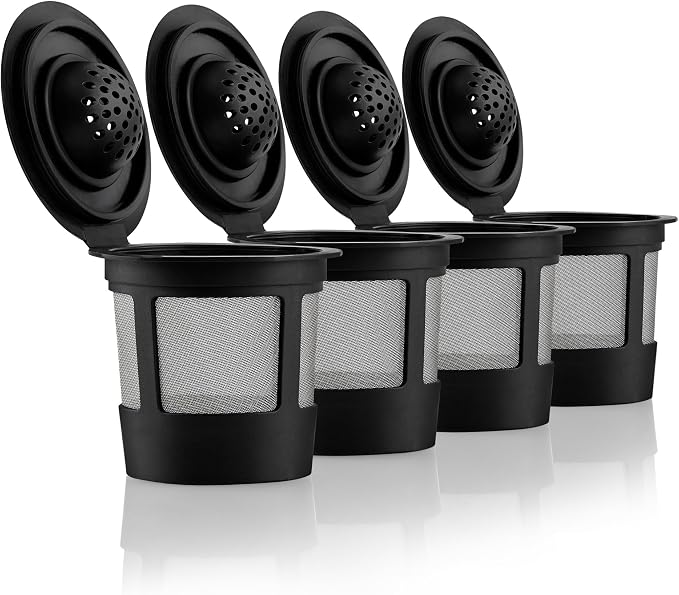 4 Black Reusable K Cups for Keurig Coffee Makers - Compatible with K-Express, K-Elite, K-Select, K-Classic, K-Mini, K-Compact