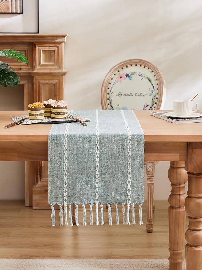 Braided Farmhouse Table Runner,Braided Dusty Blue 13x36 Inch, Cotton Linen Table Runners 36 Inches Long, Embroidered Striped Dusty Blue Boho Table Runner Rustic Home Decor