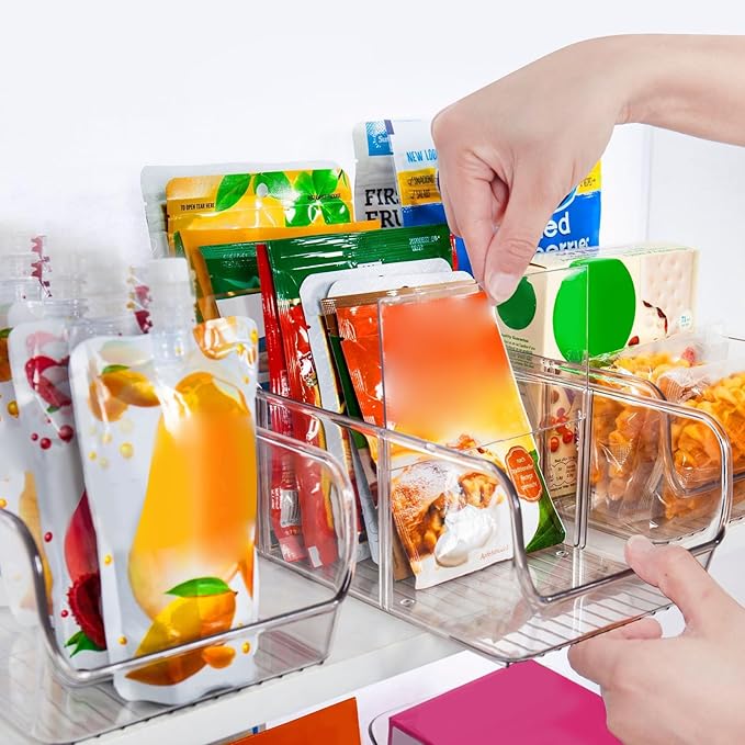 Snack Containers for Pantry, 2PCS 11x5.5x3.5 Snack Storage with Removable Dividers, Clear Plastic Bin, Stackable Organizer for Office, Fridge, Cabinet, Kitchen Containers