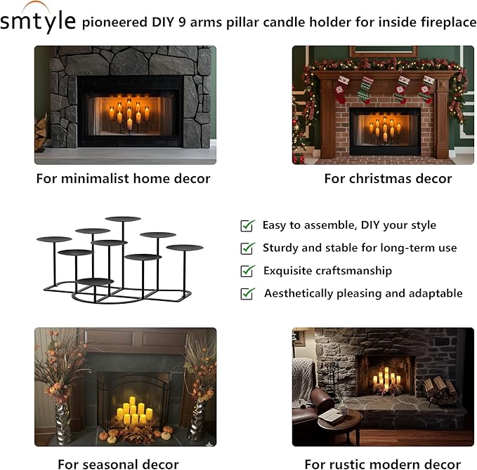 Smtyle Fireplace Candelabra Candle Holder - Modern Multi-Tier Black Matte Candelabra Centerpiece, Geometric Design with Stable Base for Pillar Candles, Perfect for Minimalist Home