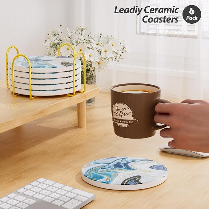 6Pcs/Set Marble Abstract Ceramic Coasters with Holder, Absorbent Drink Coasters, Coffee Cup Coaster,Round Ceramic Table Coasters Set Decorative