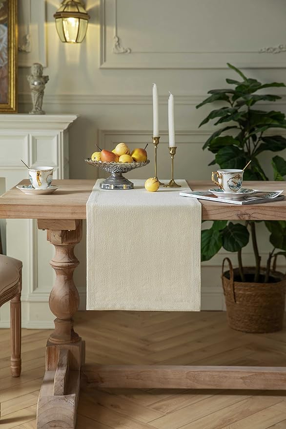 ZeeMart Burlap Style Farmhouse Table Runners 90 Inches Long, Cream Rustic Woven Dining Table Runner for Everyday Use, 14x90 Inches, Cream