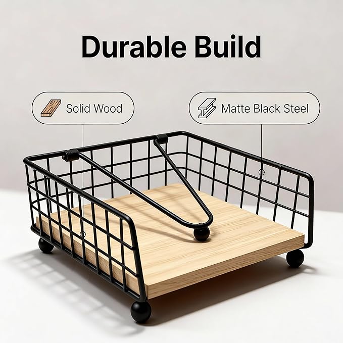 Napkin Holder for Table, Farmhouse Wooden Napkin Holder with Weighted Arm Iron Ball, Vintage Decor for Kitchen Countertop Bar Restaurant Indoor Home (Black Iron with Wood)