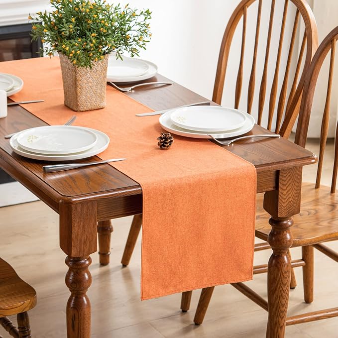 Table Runner 13 x108 Inches Long, Cotton Linen Farmhouse Style Orange Table Linen for Kitchen Dining Coffee Table Parties Wedding Home Decor (Fall-Orange, 13” x 108”)