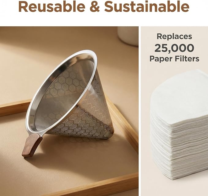 Upgrade Reusable Pour Over Coffee Filter for Chemex & Hario V60, Double Layer Fine Mesh Stainless Steel, Cone Coffee Filter 3.46inch height, 4-10 Cup Coffee Makers, Eco-Friendly Coffee Strainer