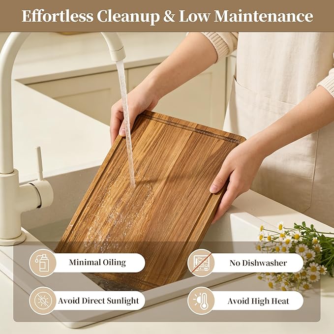 Teak Cutting Board for Kitchen - Solid Teak Wood Chopping Board with Handle & Juice Groove, Heavy-Duty Hardwood Cutting Boards Wooden Butcher Block for Meat, Fish, Vegetables, Fruits