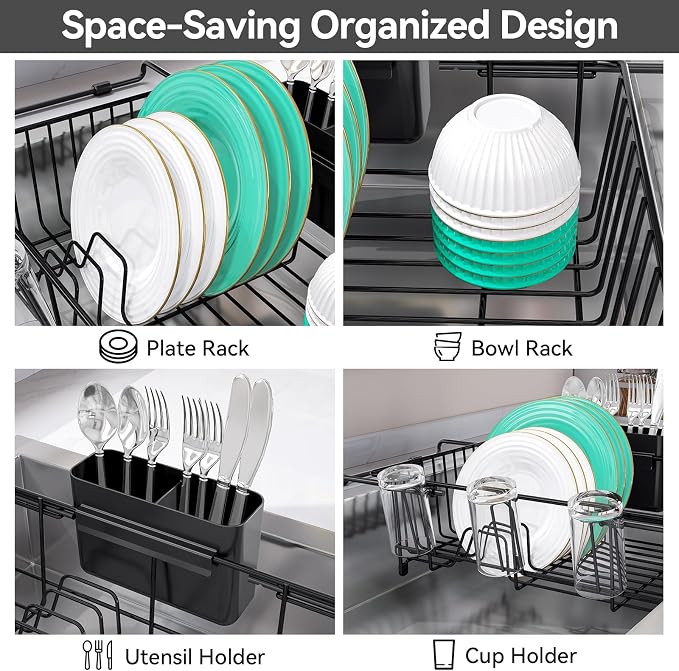 Urackify Dish Drying Rack in Sink, Expandable (15.35"-23.23" L) Over the Sink Dish Rack with Utensil Holder & Cup Holder for Compact Kitchen, Space - Saving Dish Drainer for Inside Sink, Black
