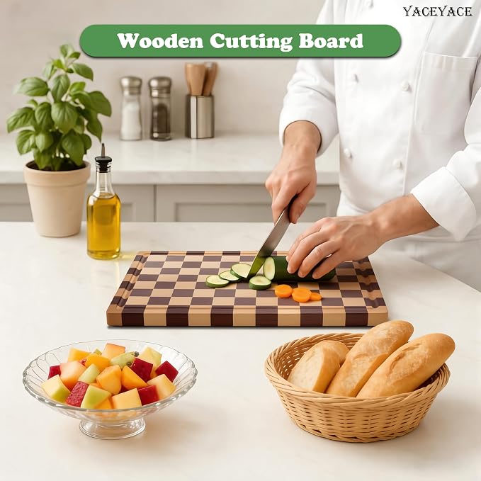 Wooden Cutting Boards for Kitchen, Large Size 16.5"x12" Acacia Wood Cutting, Thick Wood Checkered Chopping Boards for Home, Kitche, Foods