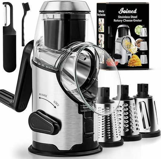 Joined Rotary Cheese Grater with Handle - Mandoline Slicer with 3 Stainless Steel Drum Blades-Vegetable Slicer Walnuts Grinder Cheese Shredder Round Mandoline with Peeler