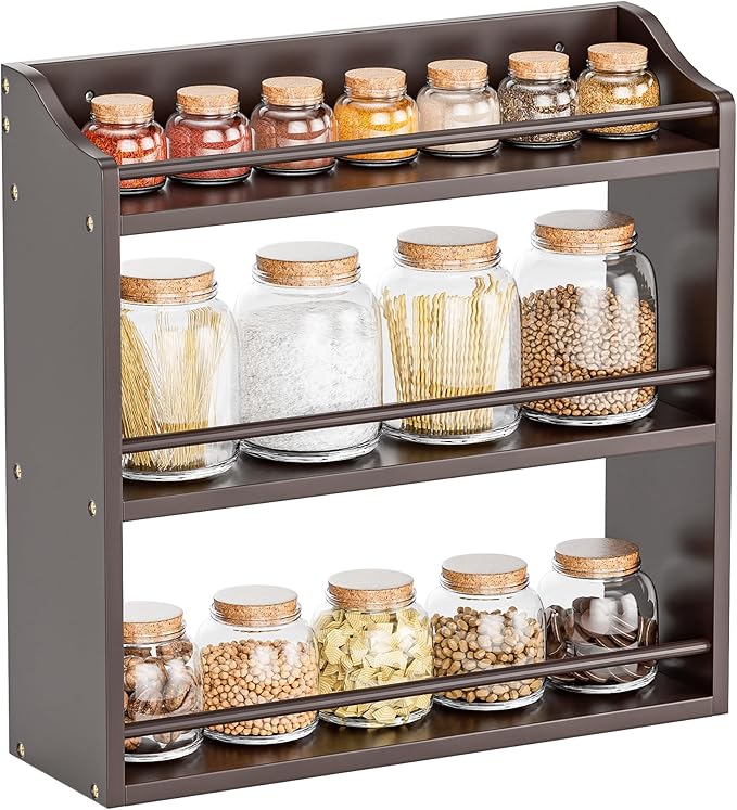 STELLSTAR 3 Tier Bamboo Wood Spice Rack, Seasoning Bottles Jars Organizer Shelf for Spices or Craft Supplies, Kitchen Counter or Wall Mounting (Brown)