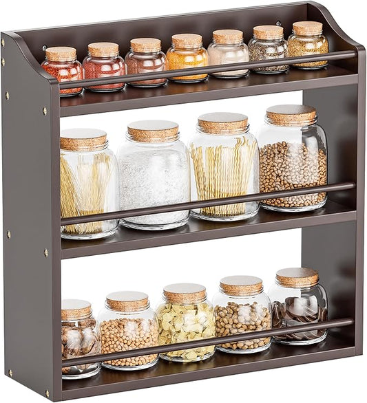 STELLSTAR 3 Tier Bamboo Wood Spice Rack, Seasoning Bottles Jars Organizer Shelf for Spices or Craft Supplies, Kitchen Counter or Wall Mounting (Brown)