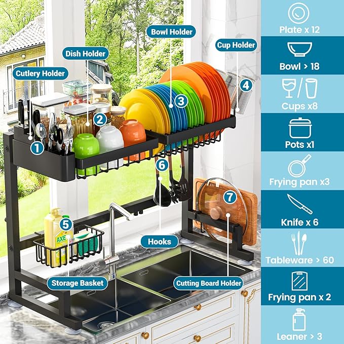 ADBIU 【Fit Sink 24.5"- 32" L 2023 Version Over Sink Dish Drying Rack (Expandable Dimension) Snap-On Design 2 Tier Large Kitchen Dish Rack Stainless Steel Counter Organization and Storage