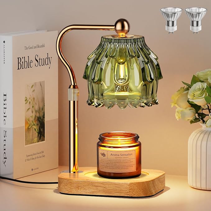 Candle Warmer Lamp with Timer Dimmer, Modern Wax Warmer for Scented Wax Jar Candle Warmer with 2 Bulbs, Adjustable Height Glass Lamp for Gifts for Women, Home Decor, Gold Green