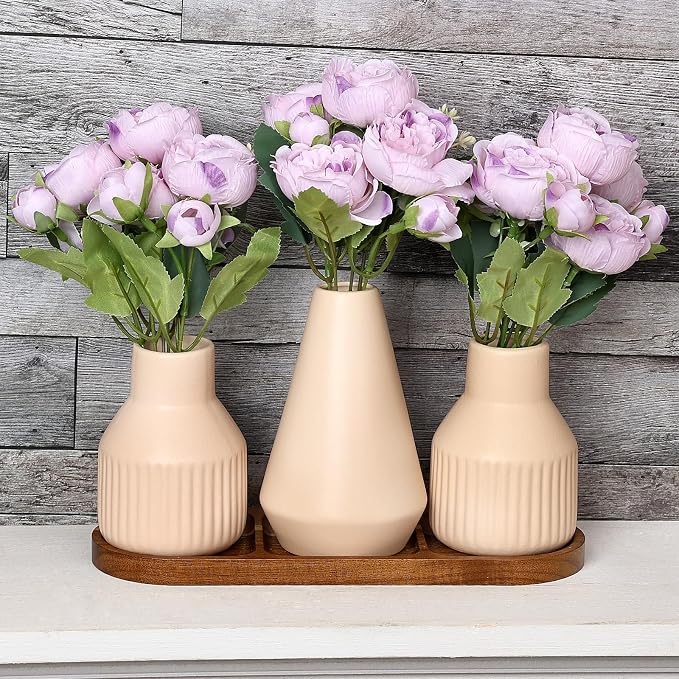 Flower Table Centerpiece - Dining Table Centerpiece Decor Set of 3 Fake Peonies in Ceramic Vases & Wood Tray Modern for Kitchen Island Living Room Coffee Table Home Decor (Light Purple)