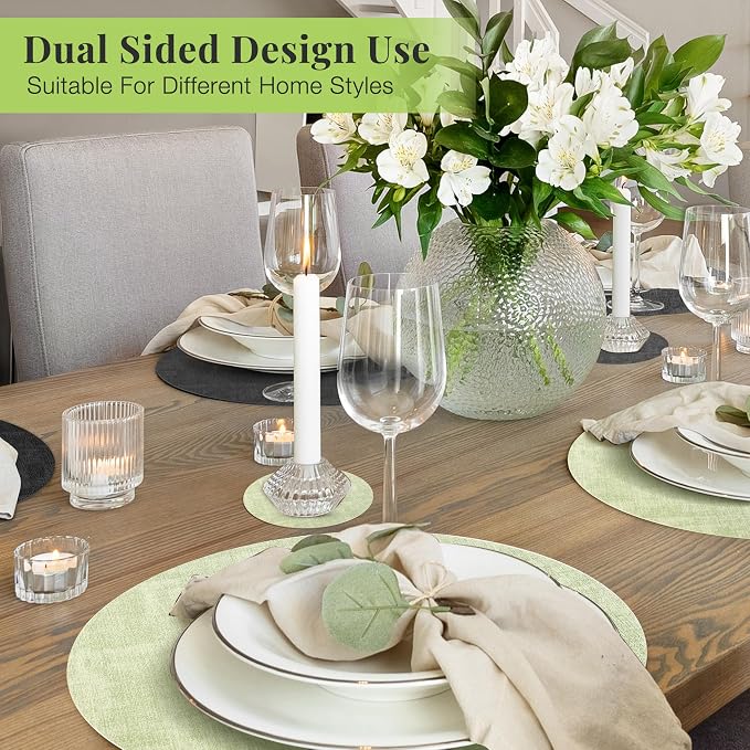 13-Inch Faux Leather Round Placemats Set of 8, Waterproof Anti-Slip Dual Sided Place mats, Heat Resistant Washable Table Mats with Coaster, Suitable for Indoor & Outdoor (8, Black Light Green)