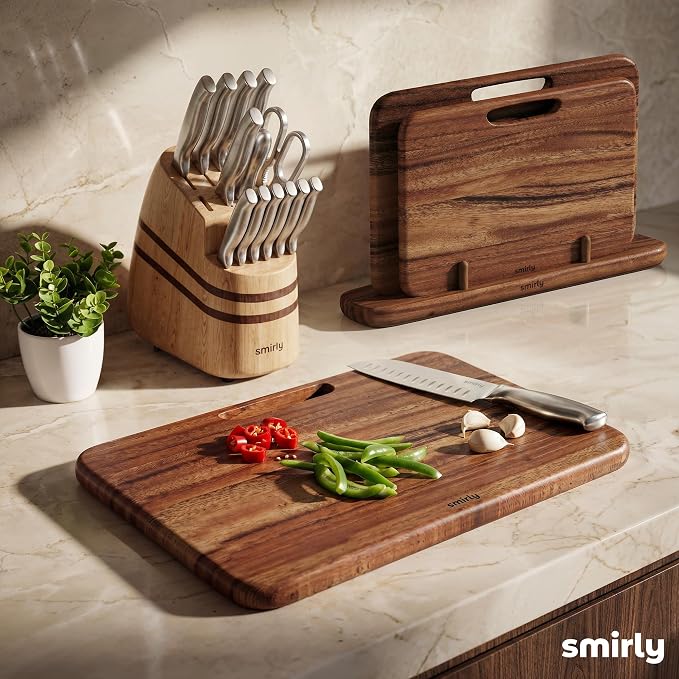 SMIRLY Wooden Cutting Boards for Kitchen, Double-Sided Cutting Board with Handle, Heavy Duty Solid Walnut Wood Cutting Board Set with Stand, 3 Pcs Cutting Boards Non Toxic for Meat Vegetable Fruit