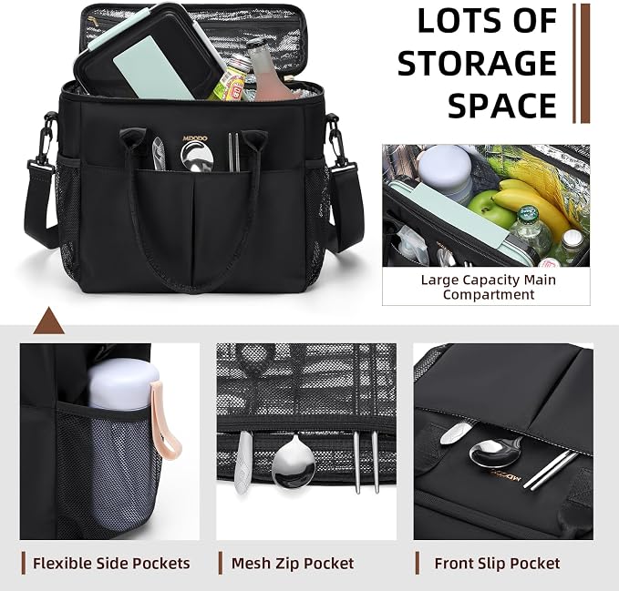 MDODO Lunch Bag Large Insulated Lunch Bags for Women Men Adult Lunch Box with Shoulder Strap for Work,Picnics,Outings (Black)