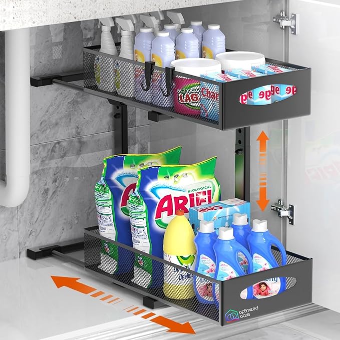 Metal Under Sink Organizer for Kitchen and Bathroom, With 3M Self Adhesive Holder, Slide Out Storage Rack, Adjustable Height, 2-Tier Easy Access Baskets, 4 Hanging Hooks