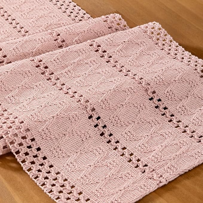 MLMC Pink Boho Table Runner Farmhouse Macrame Woven Table Runner 36 inch Long Rustic Cotton Linen Blend Table Decor for Dinning Kitchen Wedding Bridal Shower Eveyrday Use 12x36 Inch