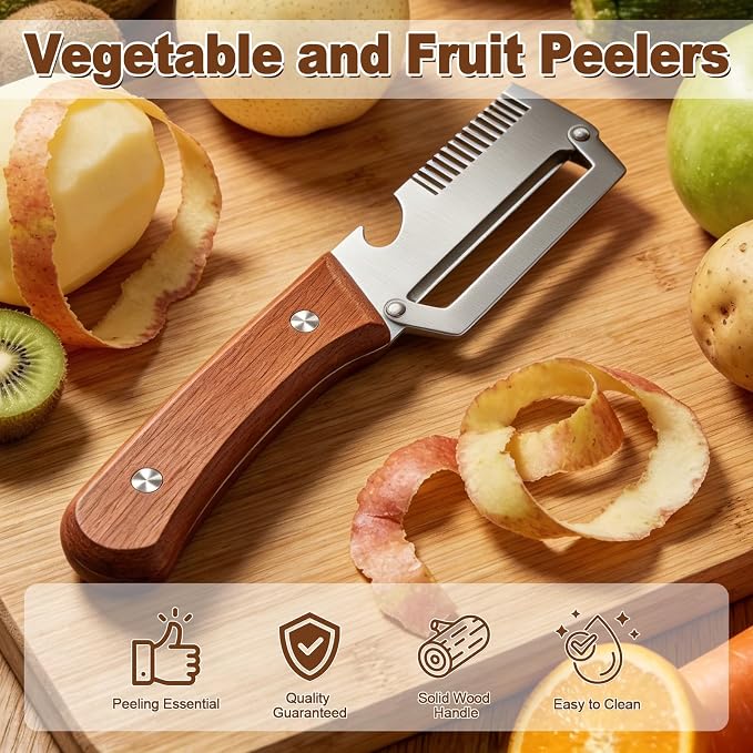 Multifunctional Vegetable Peeler for Kitchen, 3-in-1 Stainless Steel Potato Carrot Peeler with Bottle Opener, Zero Snag Wooden Peeler for Fruits & Veggies (2 PCS)