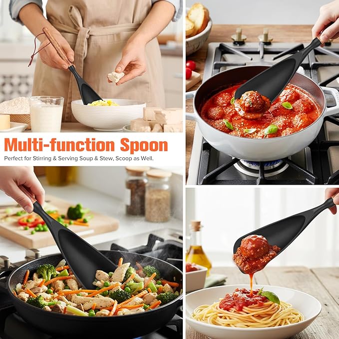 Silicone Utensils Set of 7 with Wooden Handle for Cooking&Baking,No Scratch for Nonstick Cookware,Spatula Spoon,Soup Ladle,Basting Brush,Baking Bowl Scraper,Skimmer,Slotted Spatula,BPA Free (Black)