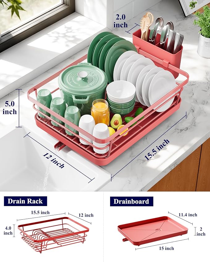 Kitsure Dish Drying Rack for Kitchen Counter, Stainless Steel Sink Organization and Storage Essentials with Cutlery Holder, Home and Appartment Decor, 12''W x 15.5''L, Red