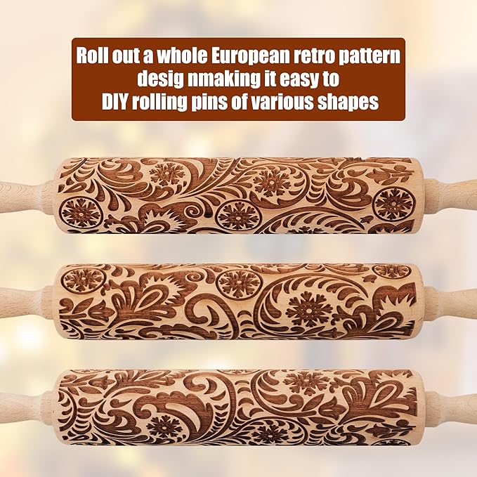 17" Premium Wooden Rolling Pins for Baking with European Embossed Designs | 3mm Deep Springerle Cookie Molds | Christmas Rolling Pin & Baking Gifts for Women | Includes 3-in-1 Cleaning Brush