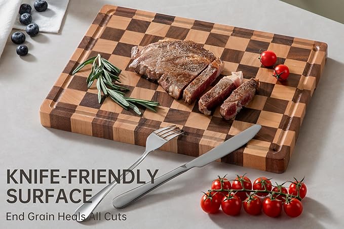 THETCHRY Cutting Boards for Kitchen, Checkered Cutting Board End Grain, Acacia Wooden Chopping Board with Juice Groove & Handle, Serving Tray for Meat, Bread & Fruit, 14"L x 11"W x 0.8"Th