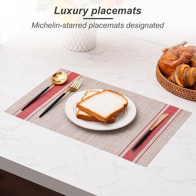 CADONO Placemats Set of 6 Washable Indoor/Outdoor Vinyl Place Mats for Dining Table Durable Non-Slip Heat Resistant PVC Weave Table Mats（Stripes-Red）