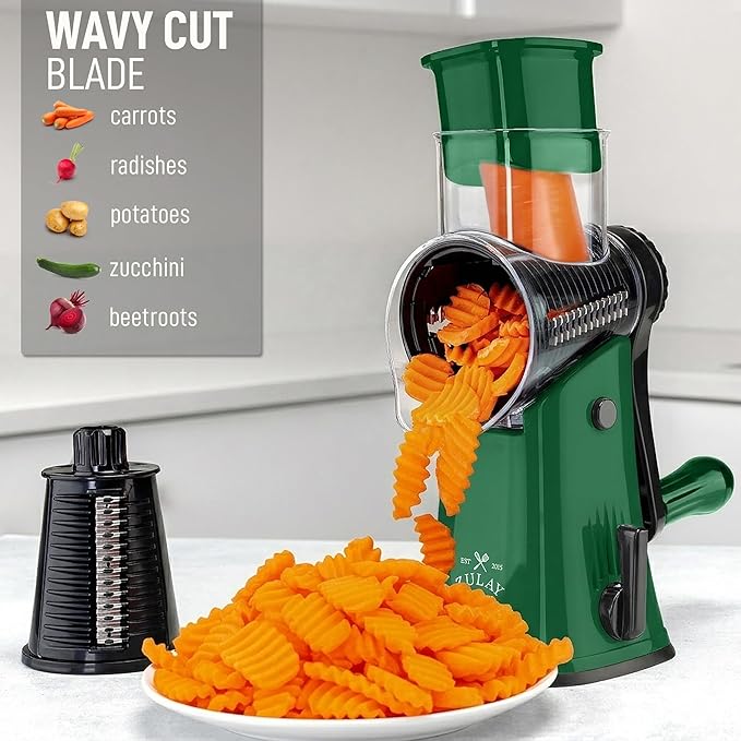 Zulay Kitchen Rotary Cheese Grater 5 Blade Cheese Shredder - Manual Hand Crank Cheese Grater With Reinforced Suction & 5 Interchangeable Drums - Easy to Use, Vegetable Chopper Round Mandoline Slicer
