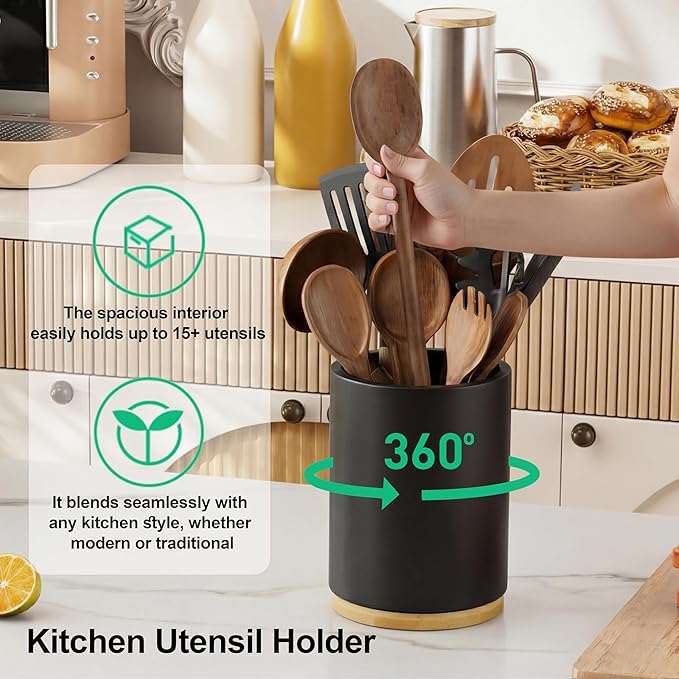 ZUJJAFY Black Utensil Holder, 360° Rotating Kitchen Utensil Holder for Counter, 7.2" Large Cooking Utensil Crock for Countertop, Bamboo Utensils Organizer for Cooking Spatula Storage