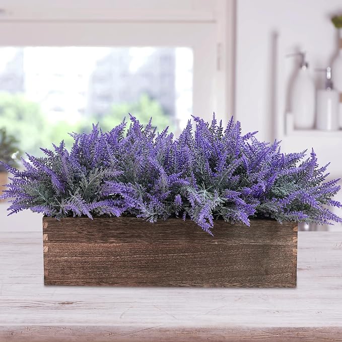 Winlyn 14" Artificial Lavender Flowers Plants in Rectangular Wooden Planter Box Faux Frosted Lavender Potted Arrangements Floral Centerpiece for Farmhouse Home Wedding Table Centerpiece Mantel Décor