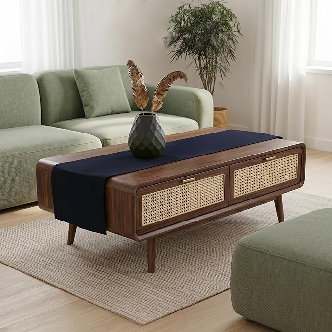 Solino Home Linen Navy Blue Table Runner 48 Inches - 100% Pure Linen Small Table Runner 14 x 48 Inch Ideal for Dresser and Coffee Tables - Spring, Summer, 4th of July - Fete