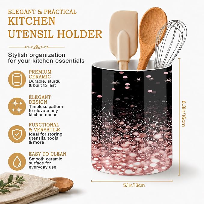 Kitchen Utensil Holder,Rose Gold Glitter Large Ceramic Utensil Crock Organizer for Spatulas,Spoons and Cooking Tools,Kitchen,Home Decoration 6.3"