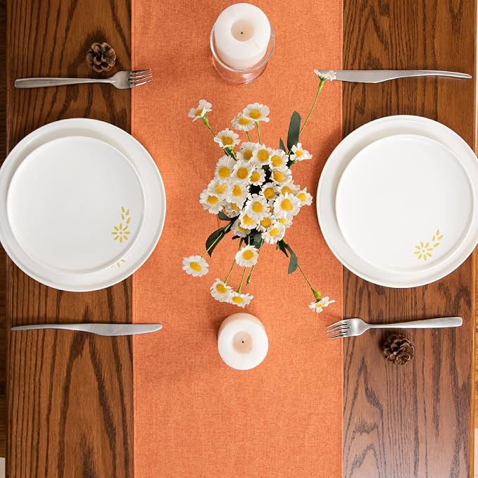 Table Runner 13 x108 Inches Long, Cotton Linen Farmhouse Style Orange Table Linen for Kitchen Dining Coffee Table Parties Wedding Home Decor (Fall-Orange, 13” x 108”)