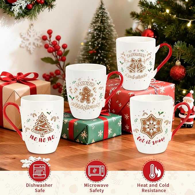 Christmas Coffee Mug Set of 4, 12 oz Gingerbread Man Coffee Mug with Handle, Hot Cocoa Ceramic Mugs with Gift Box for Mom Woman Family Friends Colleagues