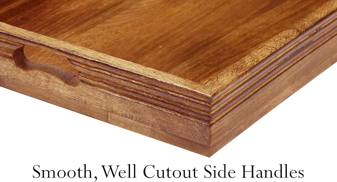 Croft&Cane Solid Wood Serving Tray - 17 x 13 Inch Rectangular Decorative Ottoman Tray - Hand-Carved Ribbed Design - Natural Wood Food Tray with Handles for Coffee Table, Kitchen, Breakfast, Décor