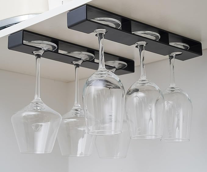 2Pack Wine Glass Holder Under Shelf Cabinet Wine Glass Rack Plastic Stemware Rack Glasses Storage Hanger Bar Kitchen Wine Glasses Organizer (black)