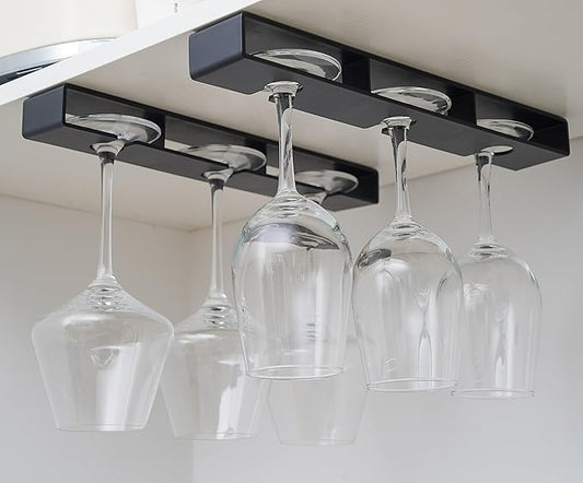2Pack Wine Glass Holder Under Shelf Cabinet Wine Glass Rack Plastic Stemware Rack Glasses Storage Hanger Bar Kitchen Wine Glasses Organizer (black)