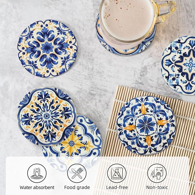 Coaster for Drinks Set of 6, Blue Vintage Spanish Ceramic Floral Absorbent Round Ceramic Stone Mat, with Cork Base and Metal Holder, Gift for Housewarming Room Bar Decor (Azulejo Tile-2)