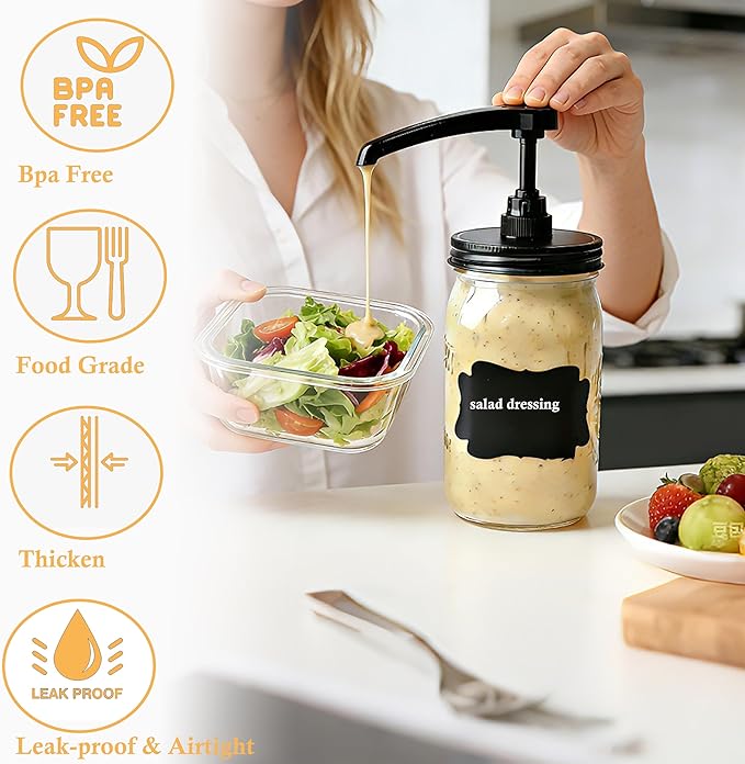 Wide Mouth Mason Jar Pump Dispenser Lid for Syrup Sauce Honey Pump Lid Coffee Syrup Lid Stainless Steel Food Grade Airtight & Leak-Proof- 4pc