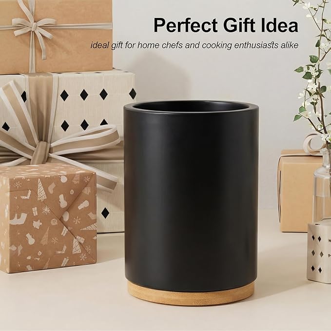 ZUJJAFY Black Utensil Holder, 360° Rotating Kitchen Utensil Holder for Counter, 7.2" Large Cooking Utensil Crock for Countertop, Bamboo Utensils Organizer for Cooking Spatula Storage