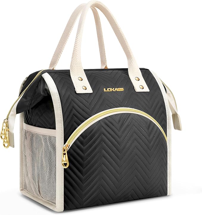 LOKASS Lunch Bag for Women, Insulated Lunch Box, 12L Large Capacity Wide Open Lunch Tote, PU Leather Leakproof Thermal Lunch Bag for Office Work Daily Use