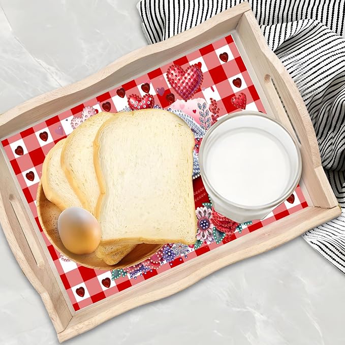 BAYUNOE DIY Diamond Serving Tray Rectangular Breakfast Tray with Handle Handmade Diamond Art Painting Wooden Tray Valentine's Day Red Plaid Dinner Plate Coffee Room Living Home Organizer-Rabbit