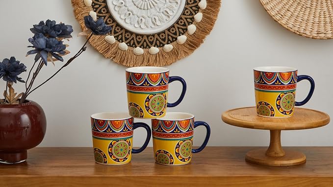 Bico Tunisian Ceramic Coffee Mugs Set of 4, 18 oz Large Tea Cups with Handle, Aesthetic Latte Mugs for Cappuccino Cocoa, Lead-Free, Dishwasher and Microwave Safe, Housewarming Gift