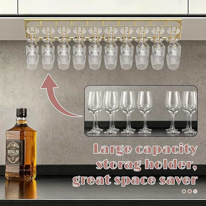 Xverycan Wine Glass Rack Under Cabinet, 10 Row Extreme Large Stemware Hanger, Metal Wine Goblet Holder, DIY Bar Glass Storage Rack for Bar Counter, Kitchen, Screws Included (Gold)