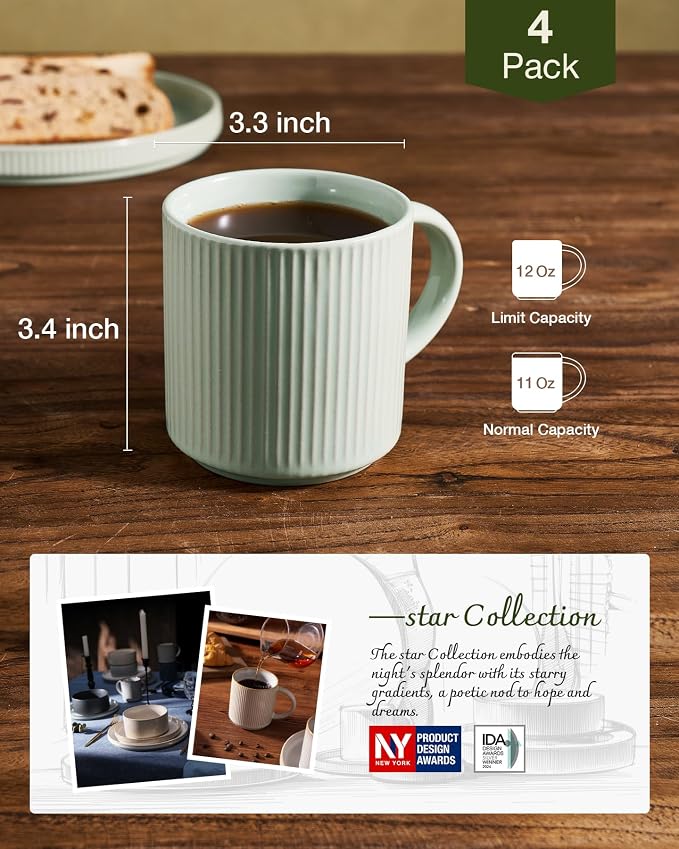 famiware Coffee Mug Set for 4, Star 12 oz Catering Mugs Cup Set with Handle for Coffee, Tea, Cocoa, Milk- Ceramic Stoneware Drinkware Set, Light Green