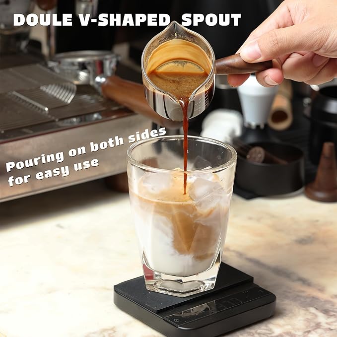 Handmade Espresso Shot Glass Double Spouts 3.5oz with American Walnut Handle, Espresso Measuring Cup, Double Spout Glass Measuring Cup, Milk Frothing Pitcher