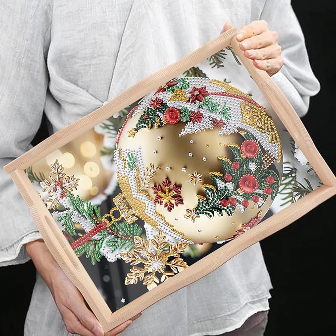 DIY Diamond Serving Tray Rectangular Breakfast Tray with Handle Handmade Diamond Art Painting Wooden Tray for Dinner Plate Coffee Room Living Home Organizer-Decorative Balls