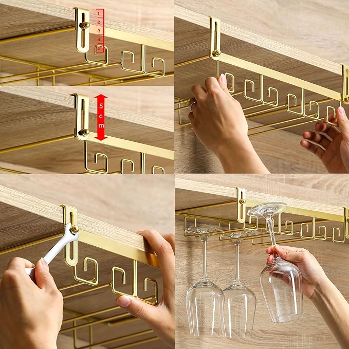 Adjustable Wine Glass Rack Under Cabinet, 2 Row Wine Glass Holder Stemware Rack Hanger, Under Shelf Stemware Storage Rack For Cupboard Kitchen Bar, Can Hang 4-6 Cups (25*22.5*5cm) ( Color : Gold )